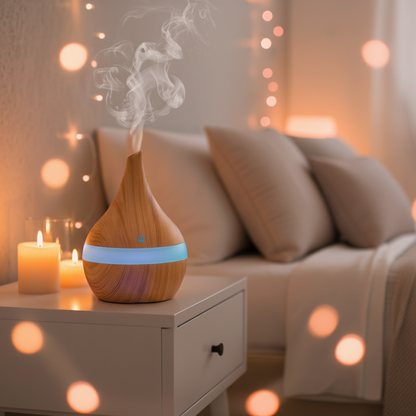 Nahaufnahme des Mini Aroma Diffuser USB Holzoptik, zeigt die edle Holzoptik und das stylische Design.