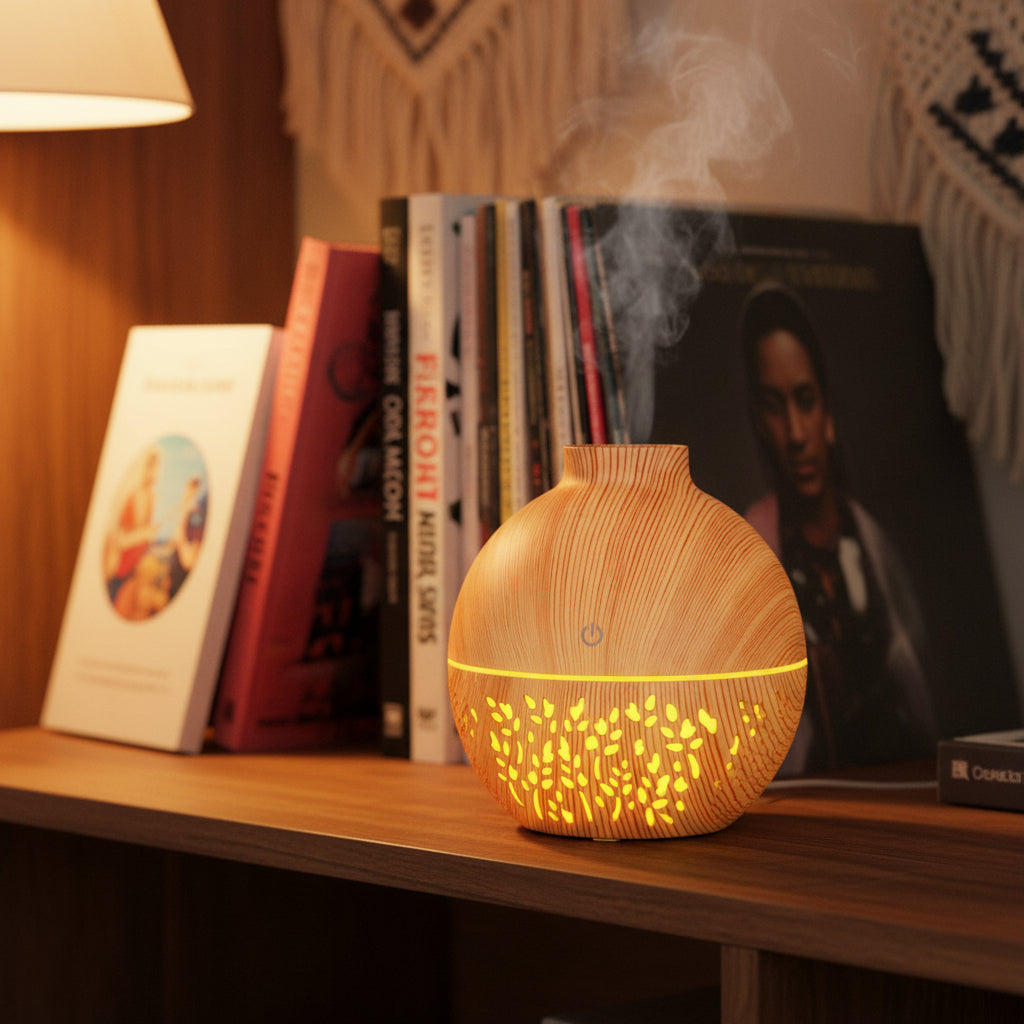Technische Details des Flammen Aroma Diffuser, energieeffizient mit nur 2 Watt Verbrauch.