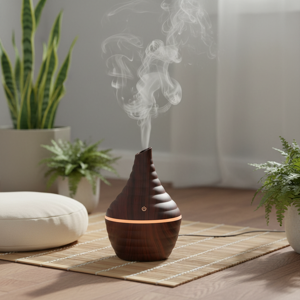 Lieferumfang des Mini Aroma Diffuser USB Holzoptik, inklusive USB-Kabel und Bedienungsanleitung.