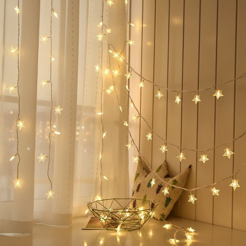LED Sternenlichterkette Warmweiss, batteriebetrieben, ideal für stimmungsvolle Dekoration in jedem Raum.