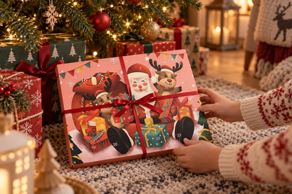 Kinderhände halten die rosa Weihnachtsmann-Box mit rotem Band auf einem Teppich zwischen Geschenkpaketen