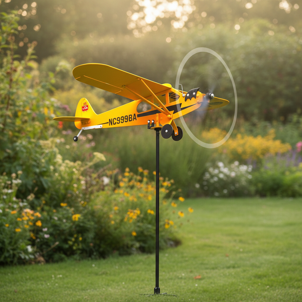 Gelbes Flugzeug Windrad im gepflegten Garten – Metall Windspiel zwischen grünen Hecken