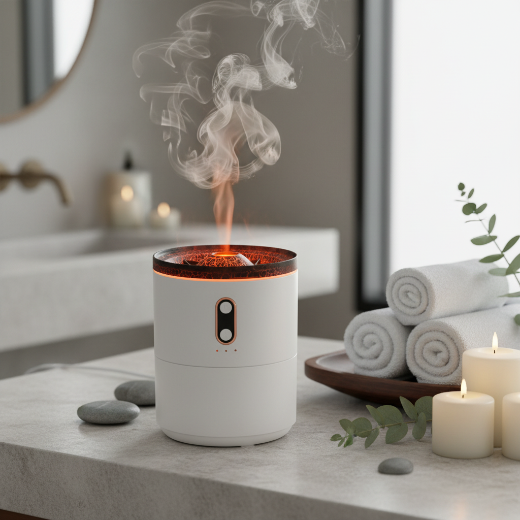 Vulkan Flammen Diffuser bei der Meditation im Einsatz, schafft eine beruhigende, hypnotisierende Atmosphäre.