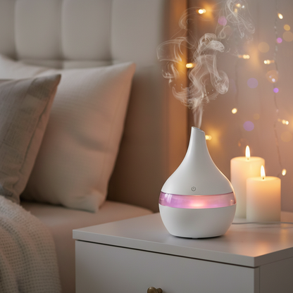 Verschiedene Farbvarianten des Mini Aroma Diffuser USB Holzoptik, erhältlich in hellem und dunklem Holz, Weiß und Holzmaserung.