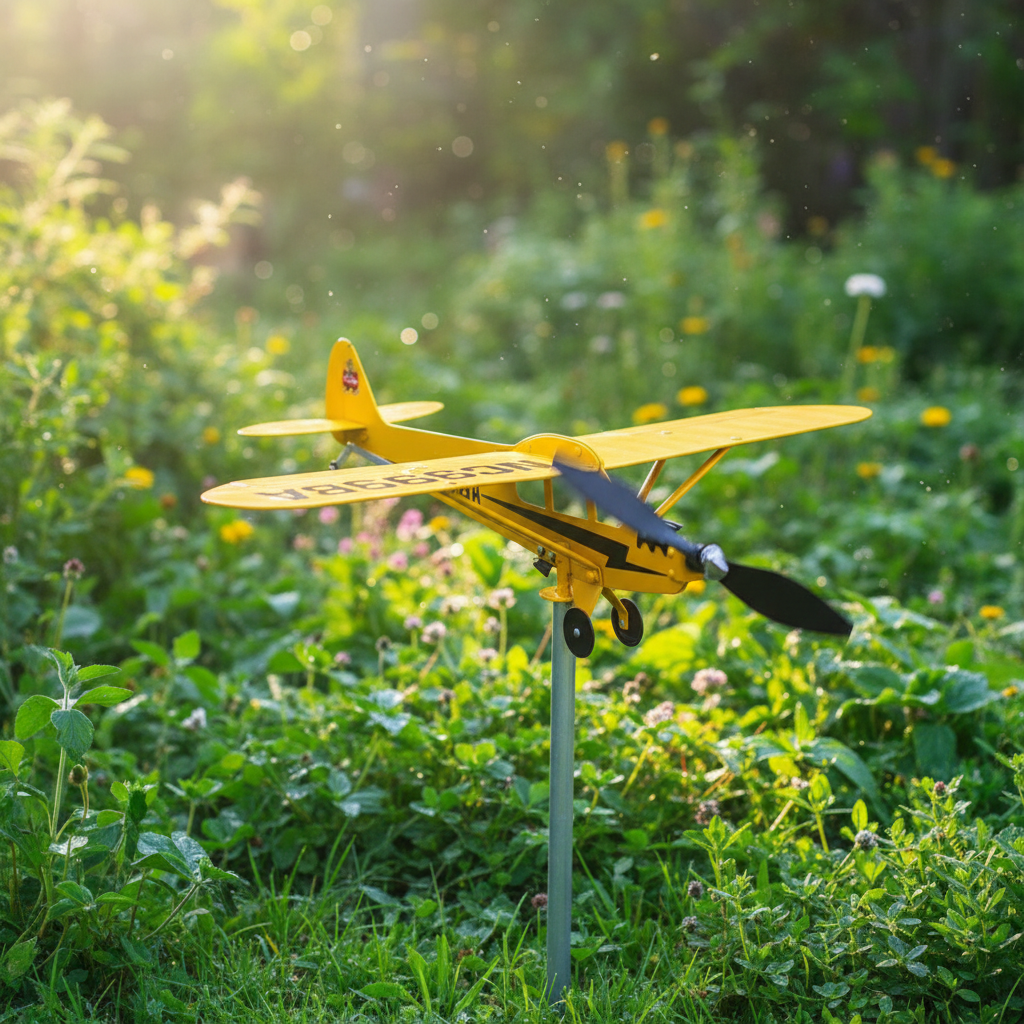 Flugzeug Windrad Metall gelb auf Erdstab – Windspiel auf grünem Rasen im Garten
