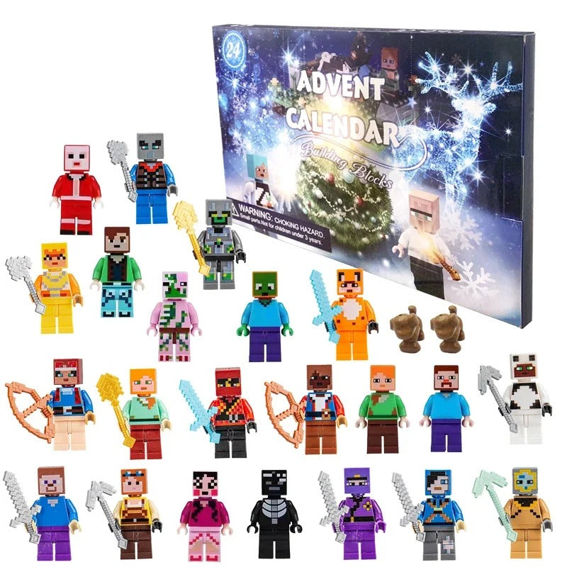 Figurenset 2 des Pixel-Kalenders: Figur im Weihnachtsmann-Anzug, Zombies, Fuchs und Bogenschützen vor der Box