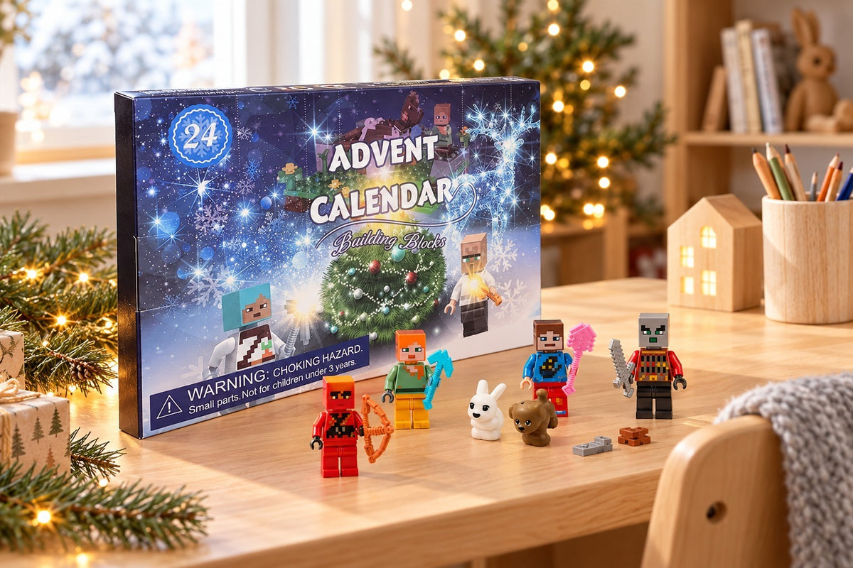 Pixel-Helden-Kalender auf dem Kinderschreibtisch neben Stiftebecher, davor Bogenschütze, Hase und Hund