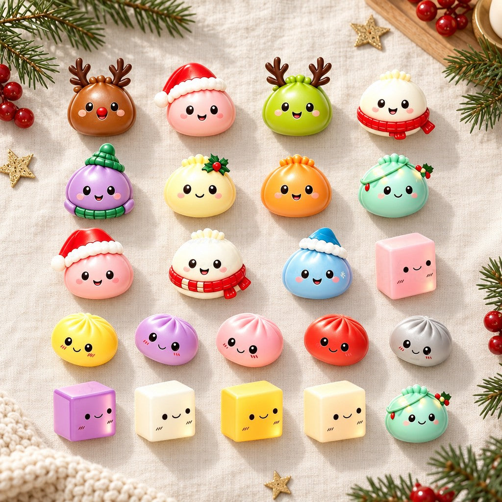 Squishies aus dem Dumpling Adventskalender: Dumplings mit Gesichtern, Weihnachtsmütze, Geweih und Schal, dazu Squishies in Würfelform