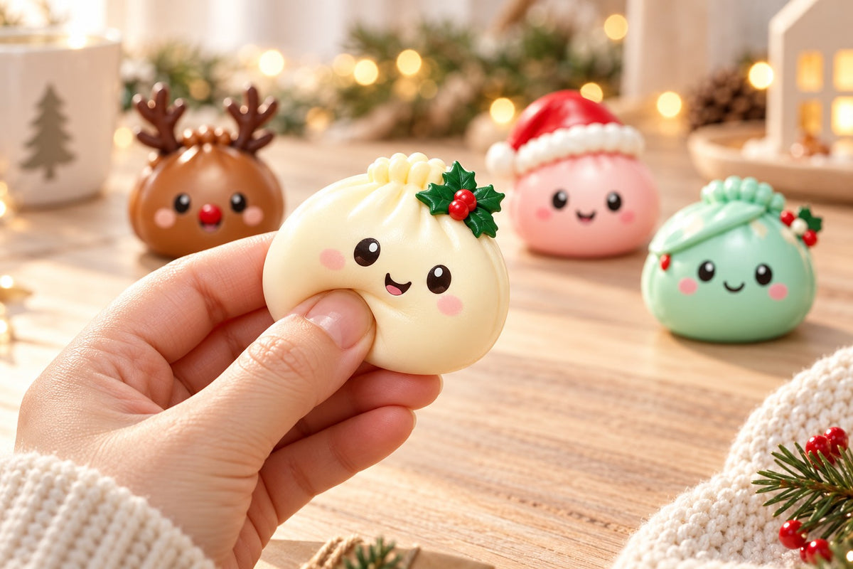 Hand drückt einen Dumpling-Squishy mit Stechpalme zusammen, dahinter Dumplings mit Rentiergeweih und Weihnachtsmütze
