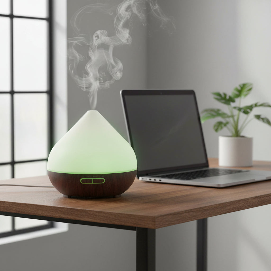 Aroma Diffuser 400ml LED auf einem Tisch, kombiniert mit entspanntem Ambiente und Duft für Wohnzimmer und Schlafzimmer.