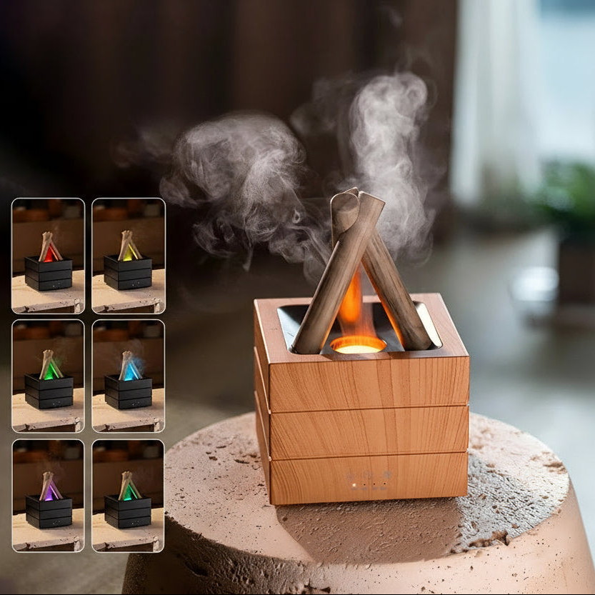 Der Lagerfeuer Aroma Diffuser auf einem Tisch, ausgestattet mit LED Flammeneffekt, Timer und Fernbedienung - Ideal für entspannende Aromatherapie und gemütliche Atmosphäre.