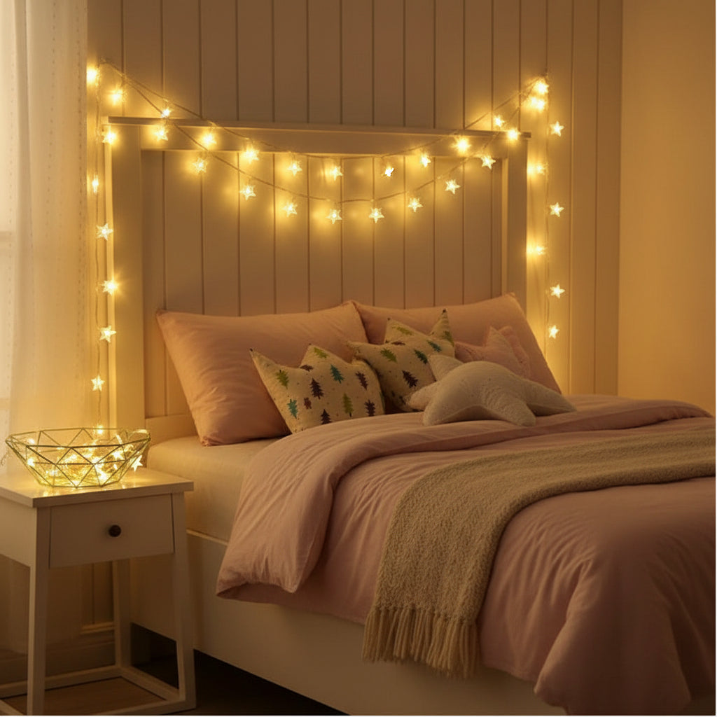 LED Sternenlichterkette Warmweiss - Batteriebetriebene Lichterkette, die ein warmes, einladendes Licht verbreitet und ideal für die Dekoration von Wohnzimmer, Schlafzimmer und besonderen Anlässen ist. Entdecke die vielseitige LED Sternenlichterkette für stimmungsvolle Raumgestaltung.