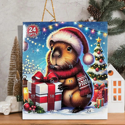 Capybara Adventskalender mit 3D-Figuren im Regal neben Weihnachtsdeko