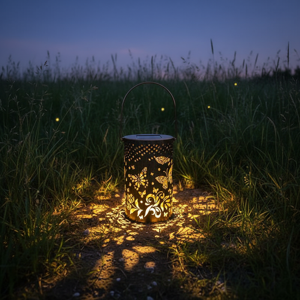 Solarlampe Schmetterling steht auf Steinpfad und projiziert Flügelschatten ins Beet