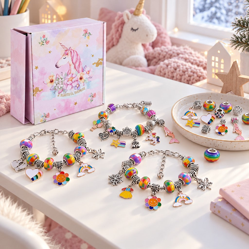 Einhorn-Box Bunt: drei Charm-Armbänder mit Regenbogen-Perlen vor der Einhorn-Geschenkbox im Kinderzimmer