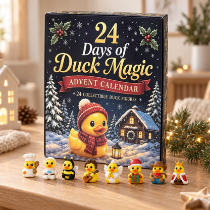 Enten Adventskalender mit nachtblauer Box, davor acht kleine 3D-Enten als Koch, Astronaut, Biene, Engel und König