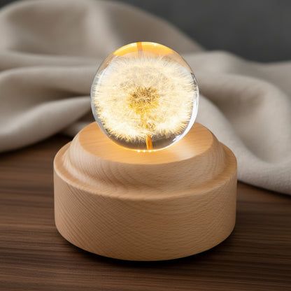 Glaskugel Nachtlampe Pusteblume LED Holzsockel Schlafzimmer Deko Nachtlicht