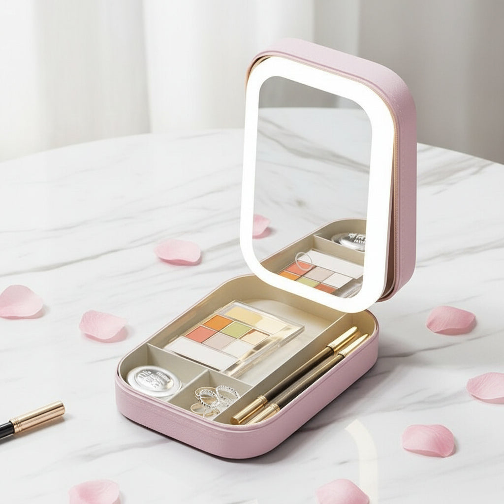 Schminkbox mit LED-Spiegel Kirschblutenrosa Set Make-up Organizer schminkspiegel led