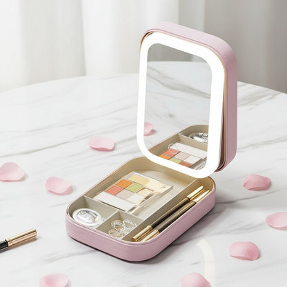 Schminkbox mit LED-Spiegel Kirschblutenrosa Set Make-up Organizer schminkspiegel led