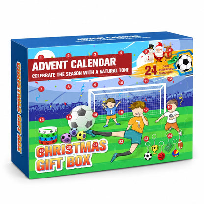 Fussball Adventskalender für Kinder, grün-blaue Box mit Fussballtor, spielenden Kindern und 24 Türchen