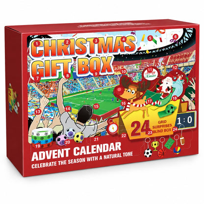 Adventskalender für Fussballfans: rote Box mit Stadion, Weihnachtsmann und 24 Türchen