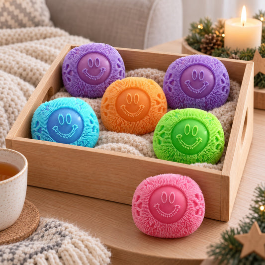 Sechs Fuzz Ball Stressbälle in Lila, Orange, Blau, Grün und Pink mit Smiley-Gesicht neben Tee und Kerze