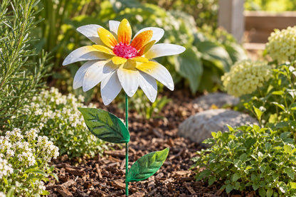 Metall Gartenstecker Blume in Weiss und Gelb im Beet zwischen Gartenpflanzen