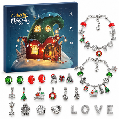 Charm Armband Adventskalender mit Wichtelhaus-Motiv, zwei Armbändern und den Buchstaben L-O-V-E
