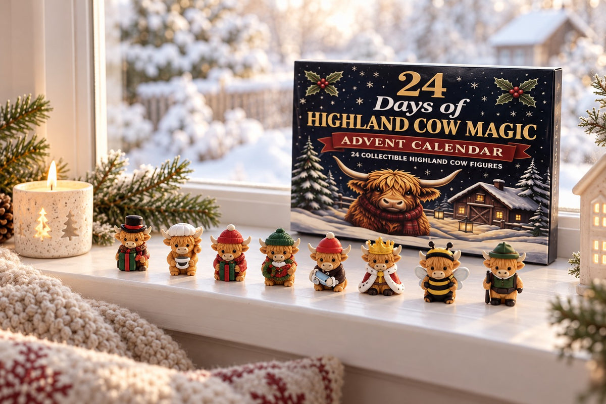 Highland-Kuh-Figuren in Kostümen nebeneinander auf der Fensterbank, dahinter die Kalenderbox und ein verschneiter Garten