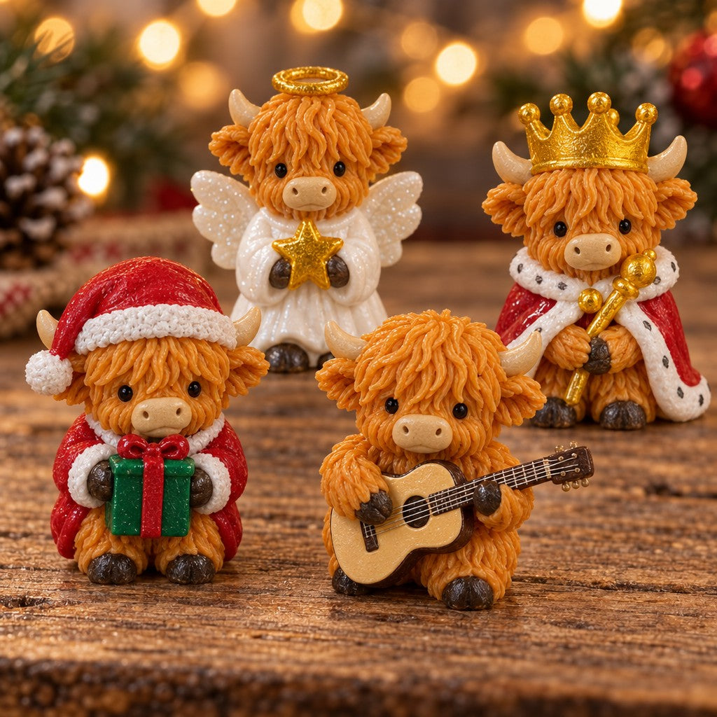 Nahaufnahme von Highland-Kuh-Figuren als Engel, König mit Krone, Weihnachtsmann mit Geschenk und Musiker mit Gitarre