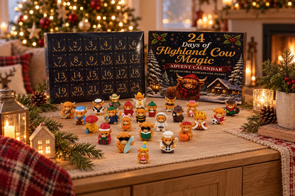 Kuh-Adventskalender mit 24 Highland-Kuh-Figuren vor der dunkelblauen Box auf einer Kommode im weihnachtlichen Wohnzimmer
