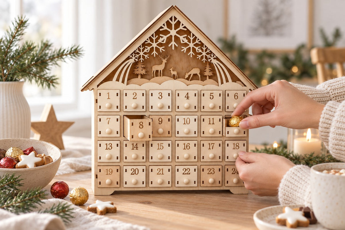 Hände legen eine Praline in eine Mini-Schublade des Weihnachtshauses mit Schneeflocken-Giebel