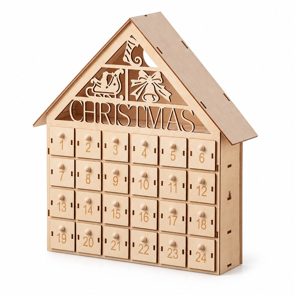 Holz Adventskalender mit LED, Motiv Classic Xmas: Weihnachtshaus mit 24 Mini-Schubladen und CHRISTMAS im Giebel