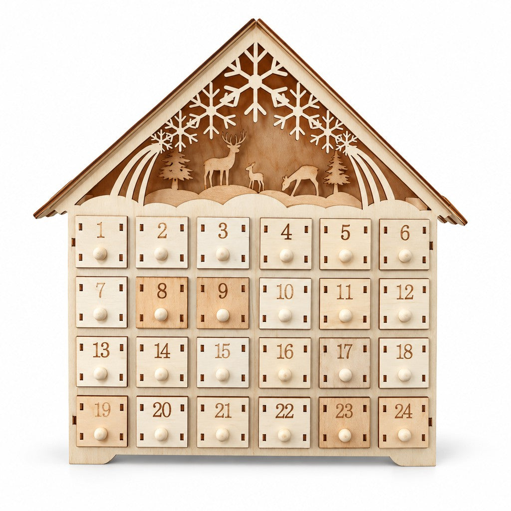 Holz Adventskalender mit LED, Motiv Schneeflocke: Weihnachtshaus mit 24 Mini-Schubladen und Schneeflocken-Giebel