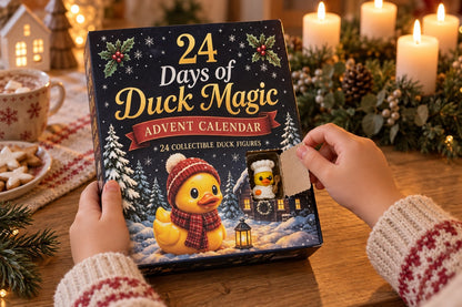 Kinderhände öffnen ein Türchen am Enten Adventskalender, dahinter sitzt eine kleine Koch-Ente, hinten brennen Kerzen