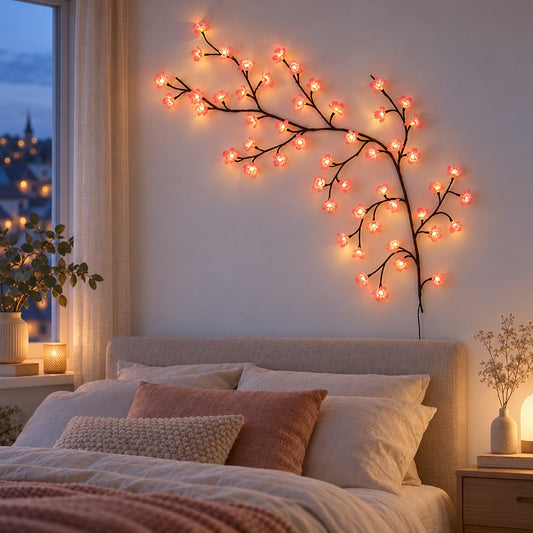 Kirschblüten Lichterkette mit rosa Blüten: LED Zweig für die Wand, 120 cm lang, mit 48 LEDs