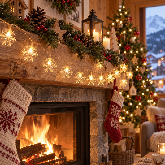 Lichterkette mit Schneeflocken in Warmweiss an Kaminsims mit Tannengirlande, Strümpfen und Feuer