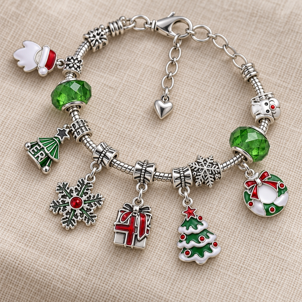 Armband in Silberton mit grünen Kristallperlen, Strass-Schneeflocke, rotem Geschenk, Tanne und Kranz