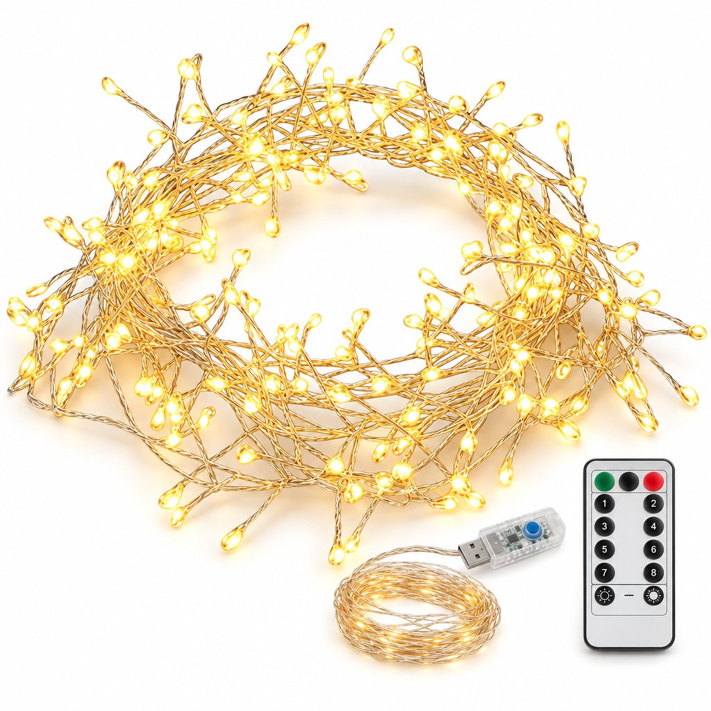 LED Clusterkette in Warmweiss mit silberfarbenem Draht, USB-Stecker und Fernbedienung mit 8 Leuchtmodi