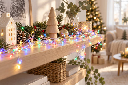 Bunte LED Clusterkette als leuchtende Girlande auf einem Holzregal mit Tannenzweigen, Zapfen und kleinen Holzhäusern