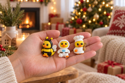 Hand hält drei etwa 3 cm grosse Mini-Enten aus dem Adventskalender: Biene, Astronaut und Koch mit Kochlöffel
