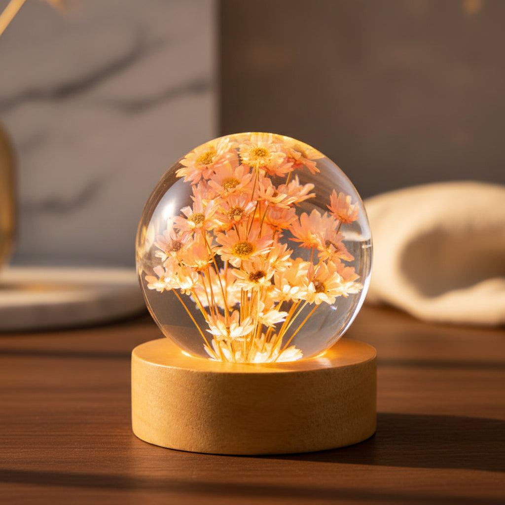 Kleine Nachttischlampe mit rosa Margeriten in einer 6 cm Kugel aus klarem Kunstharz auf rundem Holzsockel