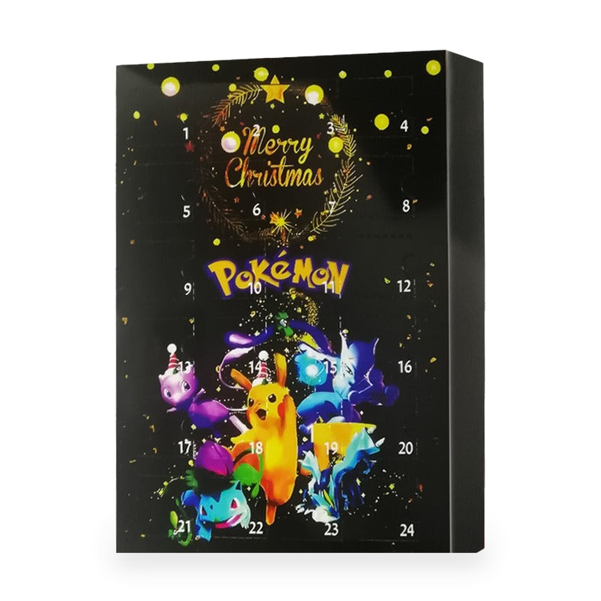Motiv Schwarz Merry Christmas: schwarze Pokémon-Kalenderbox mit goldenem Schriftzug und bunter Pikachu-Gruppe