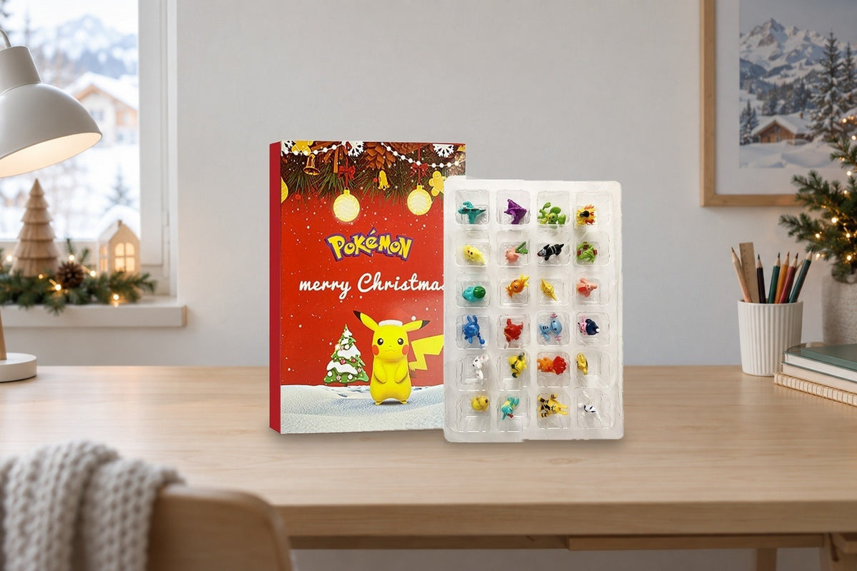 Pikachu-Adventskalender auf dem Schreibtisch im Kinderzimmer vor dem Fenster