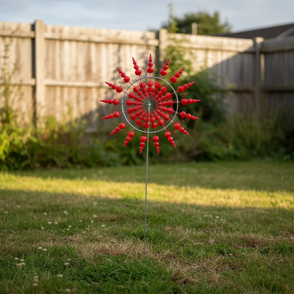 Windrad Garten rot – Metall Windspiel auf Erdstab im grünen Garten