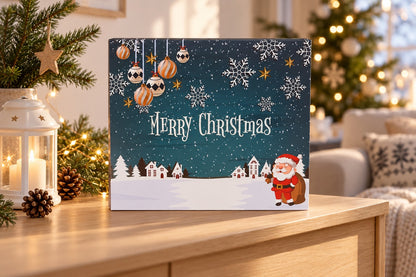 Petrolblaue Weihnachtsmann-Box auf einer Holzkommode neben Laterne mit Kerzen und Tannenzapfen