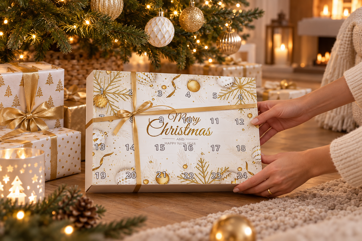 Frauenhände legen die weiss-goldene Box mit Satinband flach auf einen Teppich vor dem Christbaum