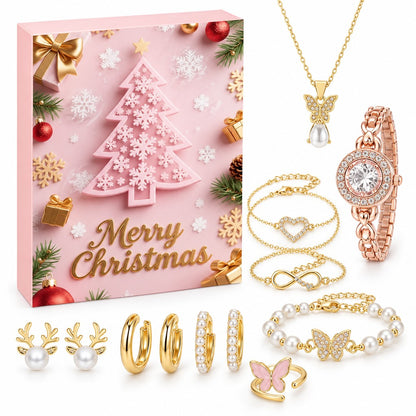 Adventskalender Rosa: Box mit Schneeflocken-Tannenbaum, davor roségoldene Uhr, Perlenarmband, Rentier-Ohrstecker und Schmetterlingsring