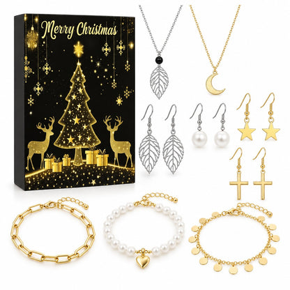 Schwarze Kalenderbox mit goldenem Sternenbaum und Rentieren, rechts silberne Blatt-Ohrhänger, Kreuz-Ohrringe und drei Armbänder