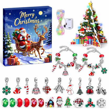 Kinderschmuck Adventskalender mit Rentierschlitten-Box, Lichterkette, Kartonbaum, zwei Armbändern und allen Anhängern